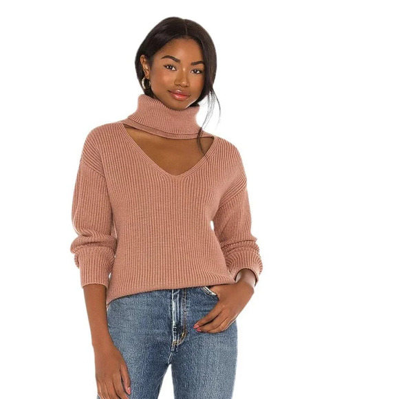Revolve Lovers + Friends Tove Sweater Size Small Camel Knit V-Neck Mock Neck - Picture 4 of 8